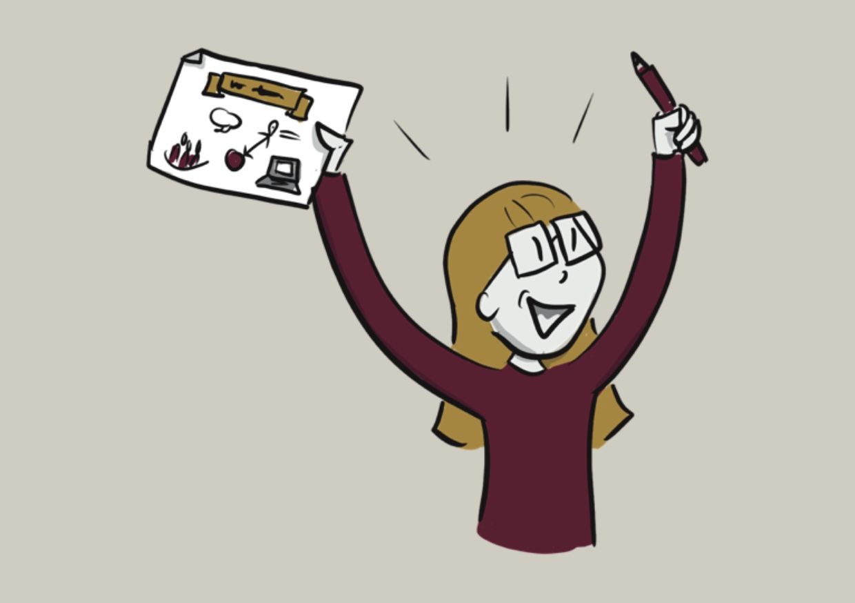 Jubelnde Frau mit Stift und Papier in der Hand, visualsiiert von speakture
